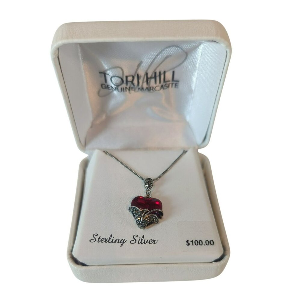Tori Hill Sterling Silver 925 Marcasite & Red Glass Heart Pendant Necklace